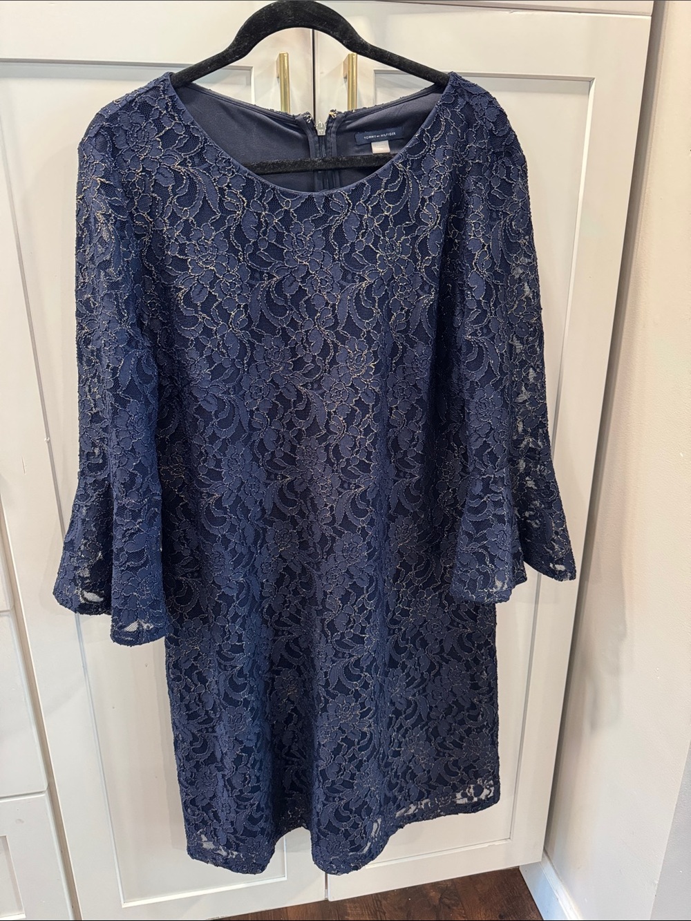 Tommy Hilfiger Navy Lace Midi Dress with Bell Sleeves